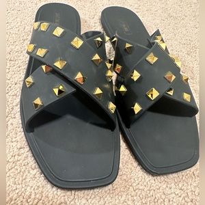 Black Gold Studded Leather Slip on Sandals